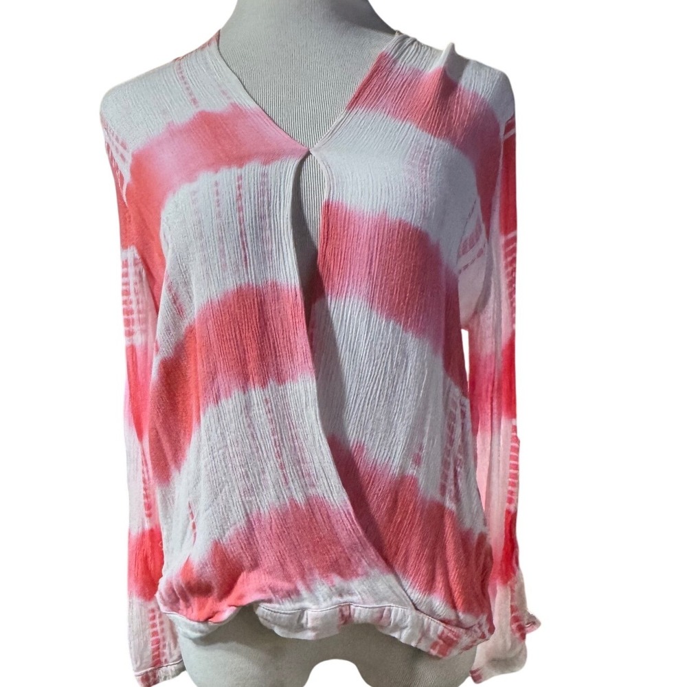 Kori America Tie Dye Wrap Top Womens Medium Coral White Gauze Boho Long Sleeve